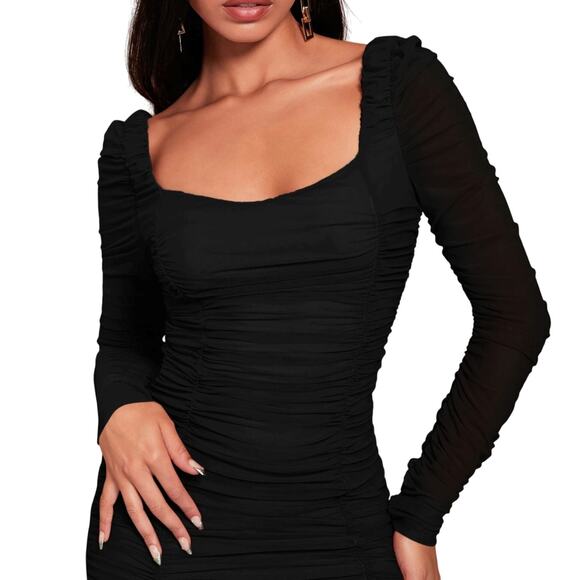 Black Ruched Mesh Sleeve Dress - Picture 4 of 7